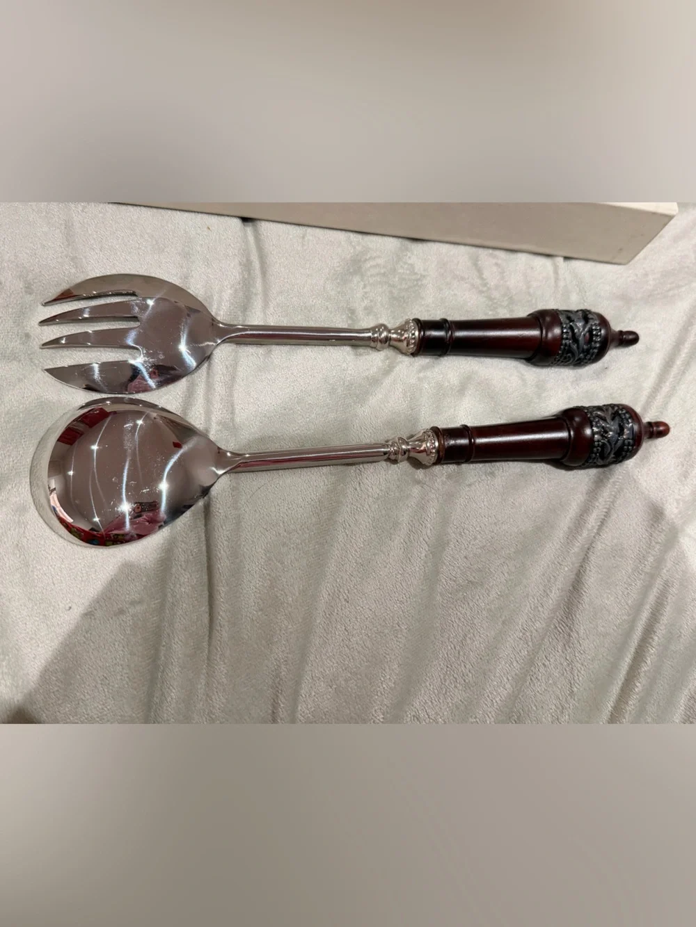Pottery Barn Wood Ornamental Serving Spoon and Fork Stainless Steel Serving Set